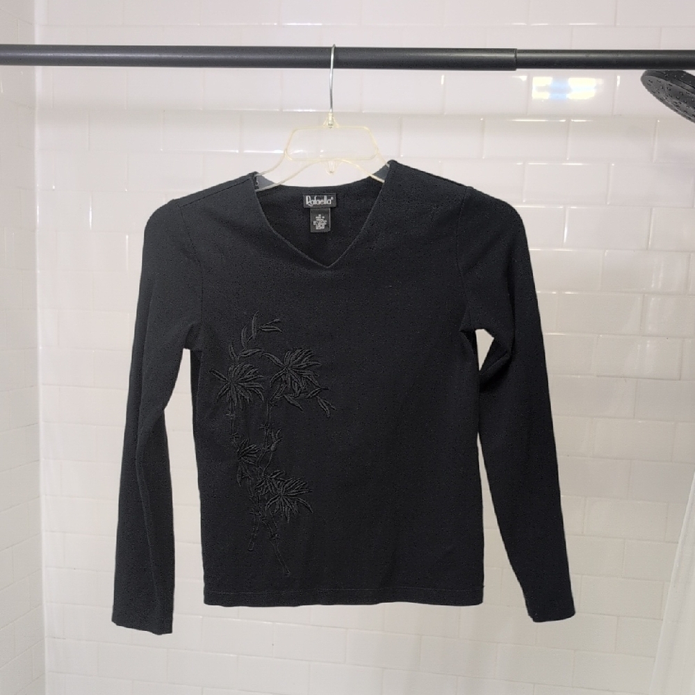 Black Long Sleeve Top with Embroidered Design